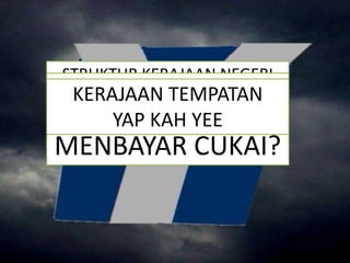 TERIMA KASIHSUDAHKAH ANDA
MENBAYAR CUKAI?
STRUKTUR KERAJAAN NEGERI
LEE TONG SENG
JABATAN/SURUHANJAYA
LOH ZHEUNG YIK
PENYELERASAN
LOH CHUN JIE
KERAJAAN TEMPATAN
LIM MEI ZHEN
KERAJAAN TEMPATAN
YAP KAH YEE
 