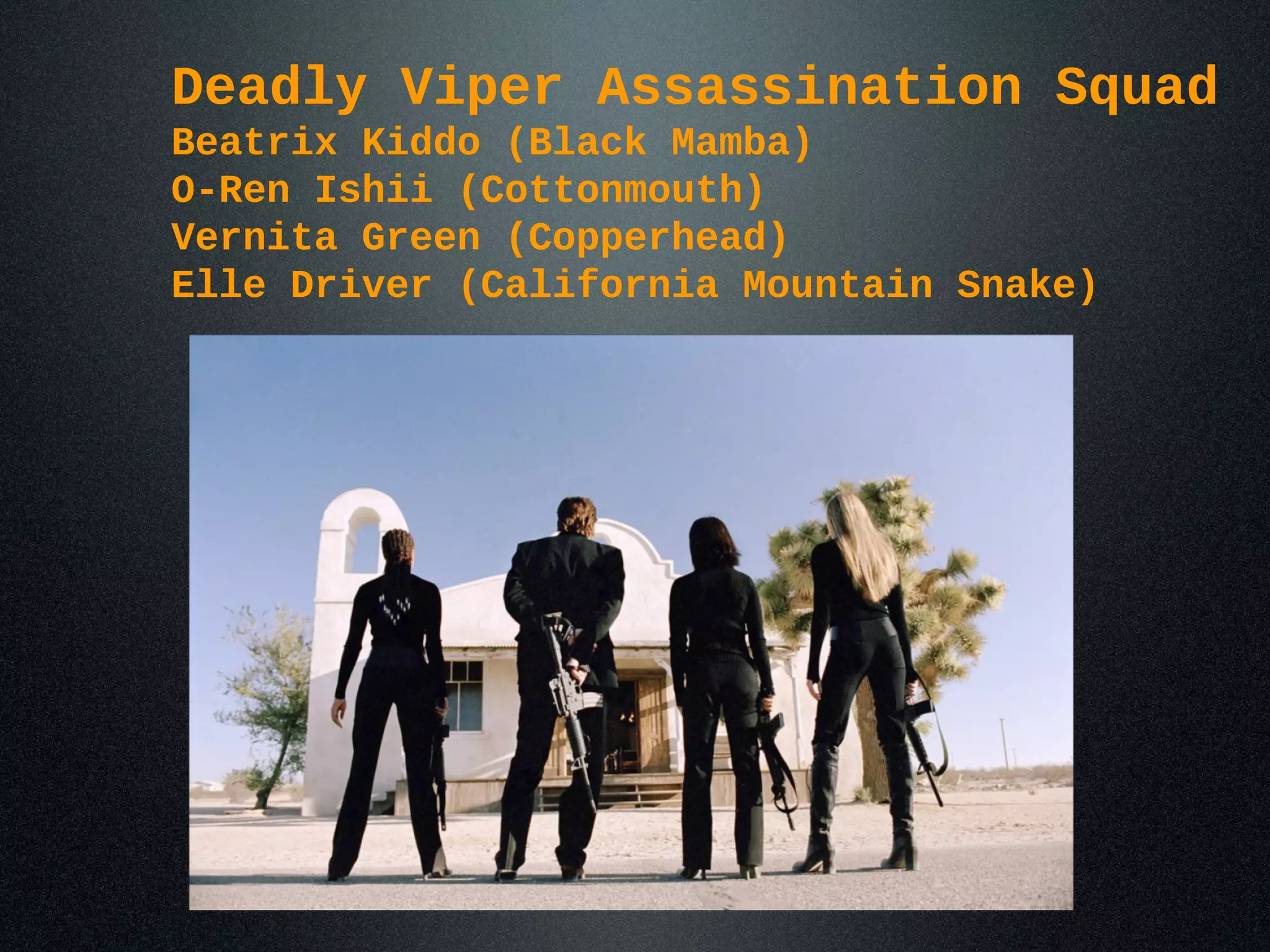 Deadly Viper Assassination Squad
Beatrix Kiddo (Black Mamba)
O-Ren Ishii (Cottonmouth)
Vernita Green (Copperhead)
Elle Driver (California Mountain Snake)
 