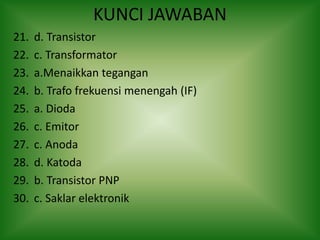 KUNCI JAWABAN
21. d. Transistor
22. c. Transformator
23. a.Menaikkan tegangan
24. b. Trafo frekuensi menengah (IF)
25. a. Dioda
26. c. Emitor
27. c. Anoda
28. d. Katoda
29. b. Transistor PNP
30. c. Saklar elektronik
 