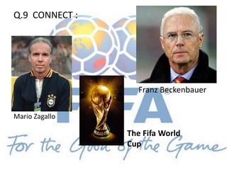 Q.9 CONNECT :
Mario Zagallo
Franz Beckenbauer
The Fifa World
Cup
 