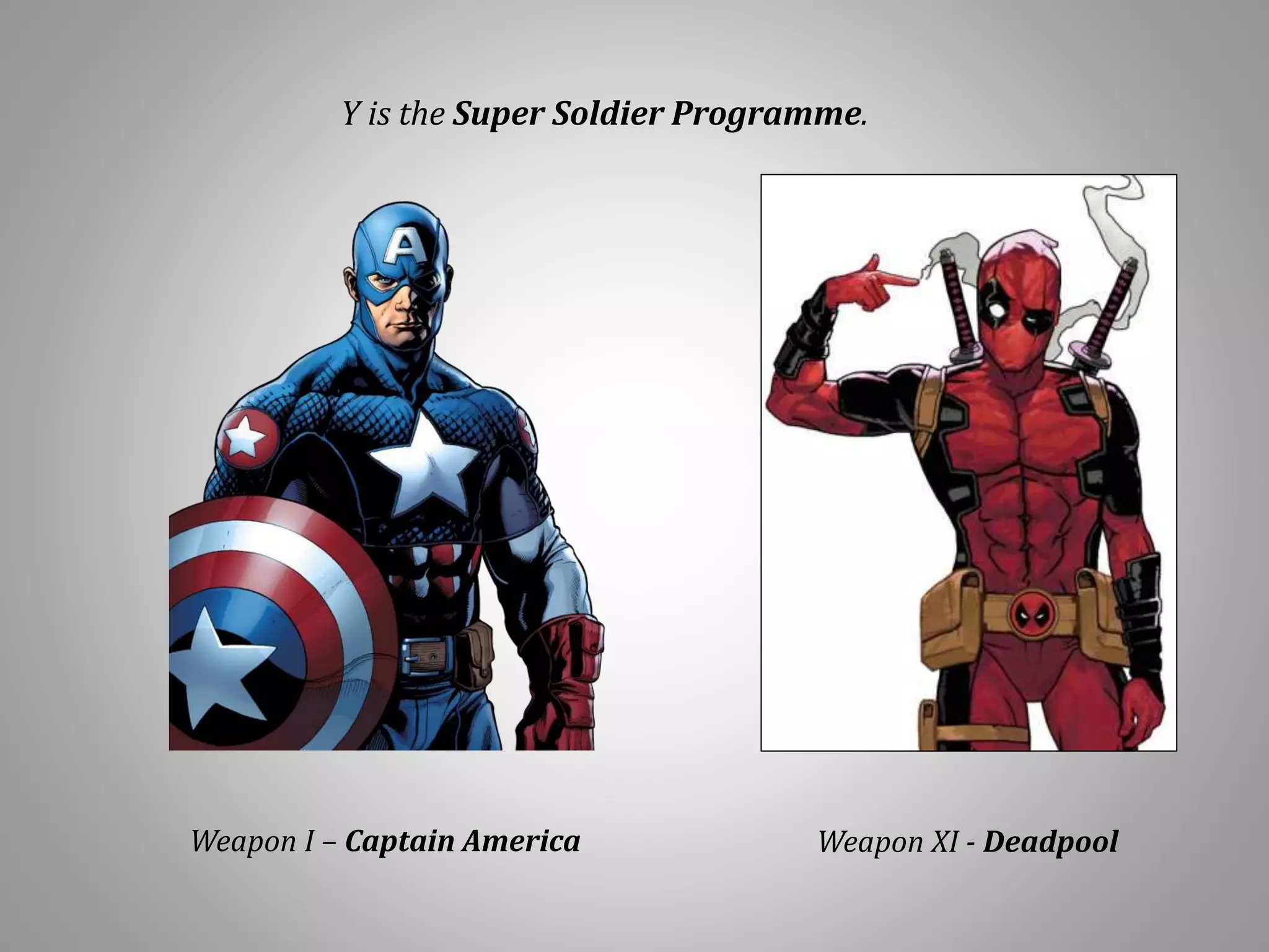 Weapon I – Captain America Weapon XI - Deadpool
Y is the Super Soldier Programme.
 