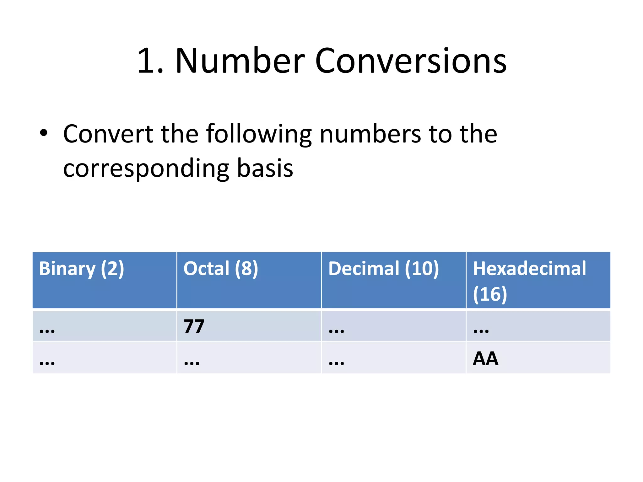 1. Number ConversionsConvert the following numbers to the corresponding basis