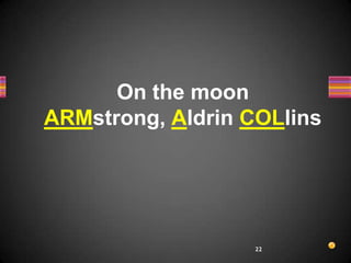 On the moon
ARMstrong, Aldrin COLlins

22

 