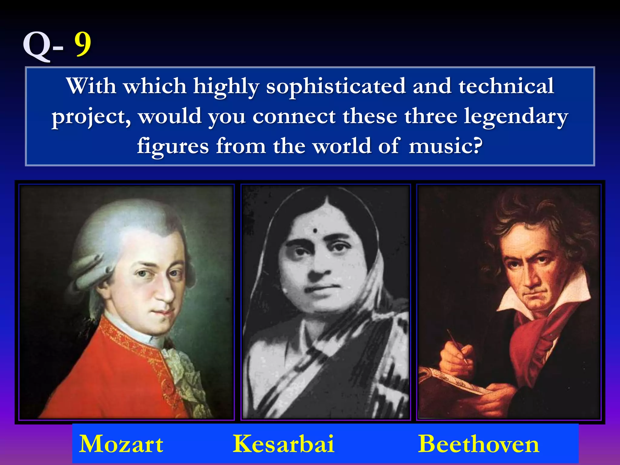 With which highly sophisticated and technical
project, would you connect these three legendary
figures from the world of music?
Q- 9
Mozart Kesarbai Beethoven
 