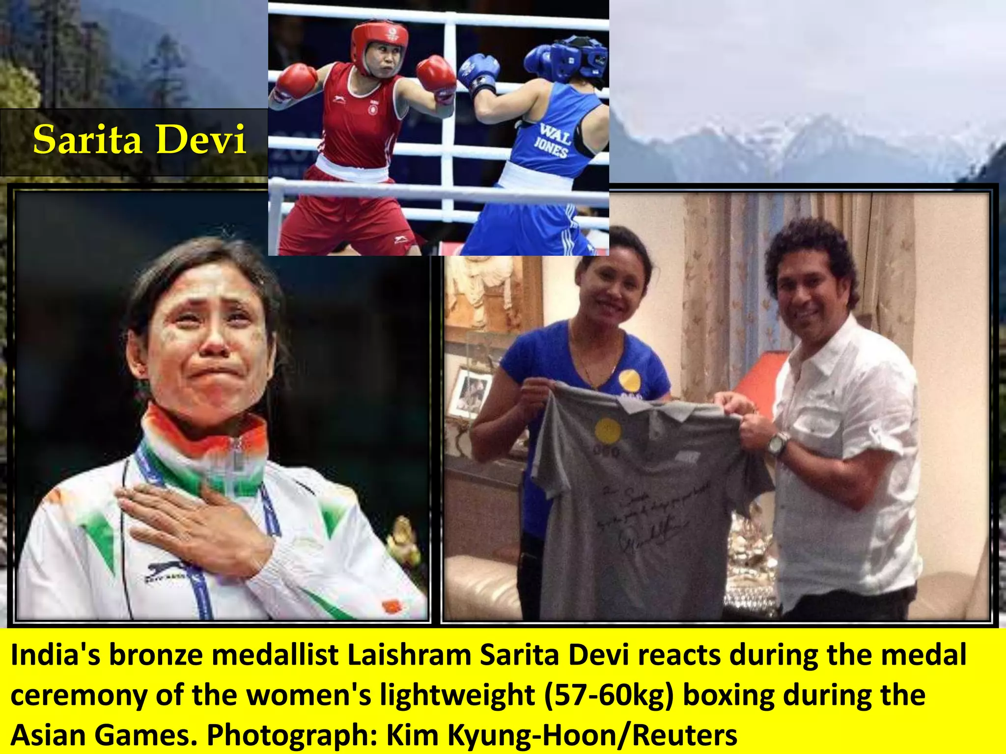 Sarita Devi
India's bronze medallist Laishram Sarita Devi reacts during the medal
ceremony of the women's lightweight (57-60kg) boxing during the
Asian Games. Photograph: Kim Kyung-Hoon/Reuters
 