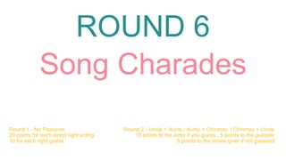 ROUND 6
Song Charades
Round 1 - No Passover
20 points for each direct right acting
10 for each right guess
Round 2 - Uncle > Aunty | Aunty > Chinmay | Chinmay > Uncle
10 points to the actor if you guess , 5 points to the guesser
5 points to the movie giver if not guessed
 