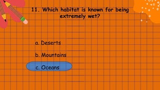 11. Which habitat is known for being
extremely wet?
a. Deserts
b. Mountains
c. Oceans
 
