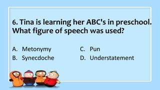 6. Tina is learning her ABC's in preschool.
What figure of speech was used?
A. Metonymy
B. Synecdoche
C. Pun
D. Understatement
 