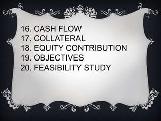 16. CASH FLOW
17. COLLATERAL
18. EQUITY CONTRIBUTION
19. OBJECTIVES
20. FEASIBILITY STUDY
 