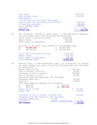 Cash sales P200,000
Open account sales 500,000
Consignment:
0 to 30 days old (on which there were
remittances from consignees of P200,000) 200,000
61 days old and above 900,000
Total VATABLE SALES 1,800,000
VAT RATE 12%
OUTPUT VAT 216,000
42. The financial records of Benz Corp., a VAT-registered taxpayer,
for the taxable year 2016 disclosed the following:
Local sales to private entities 1,500,000
Export Sales 500,000
Local sales to government 800,000
How much is the total sales subject to value-added tax?
a. P2,800,000 c. P2,000,000
b. P2,300,000 d. P1,500,000
Local sales to private entities 1,500,000
Export Sales 500,000
Local sales to government 800,000
Total VATABLE SALES 2,800,000
43. Mantika Corp., a VAT-registered Corp., is a producer of cooking
oil from coconut and corn. It had the following data for the month
of January 2017:
Sales, gross of VAT P 784,000
Corn & Coconut, 12-31-16 50,000
Purchases of Corn & Coconut 330,000
Corn & Coconut, 1-31-17 20,000
Purchases from VAT suppliers, VAT included:
Packaging Materials 56,000
Supplies 16,800
The value-added tax payable for the month:
a. P56,060 c. P60,650
b. P54,900 d. P63,000
Sales, gross of VAT P 784,000
Output TAX 84,000
Purchases of Corn & Coconut (330,000 x4%) (13,200)
Purchases from VAT suppliers, VAT included:
Packaging Materials 56,000
Supplies 16,800 72,800 x3/28 (7,800)
VAT PAYABLE 63,000
Downloaded by John Paul Magbitang (johnpaulmagbitang04@gmail.com)
lOMoARcPSD|15752181
 