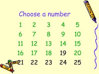 Choose a number
1

2

3

4

5

6

7

8

9

10

11

12

13

14

15

16

17

18

19

20

21

22

23

24

25

 