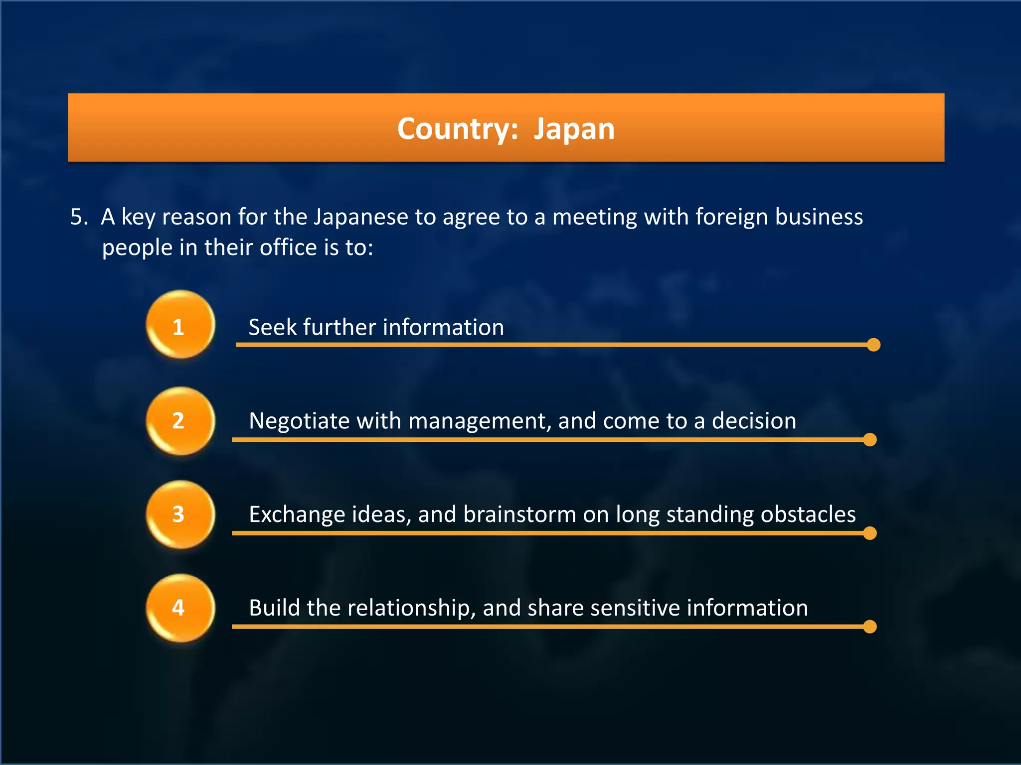 Country: Japan

5. A key reason for the Japanese to agree to a meeting with foreign business
   people in their office is to:


         1       Seek further information


         2       Negotiate with management, and come to a decision


         3       Exchange ideas, and brainstorm on long standing obstacles


         4       Build the relationship, and share sensitive information
 
