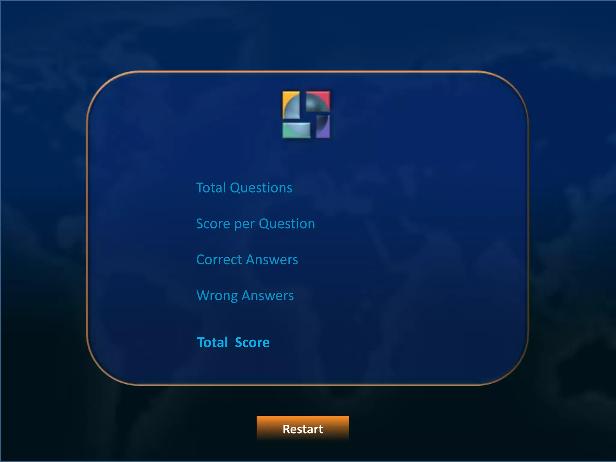 Total Questions

Score per Question

Correct Answers

Wrong Answers


Total Score




              Restart
 