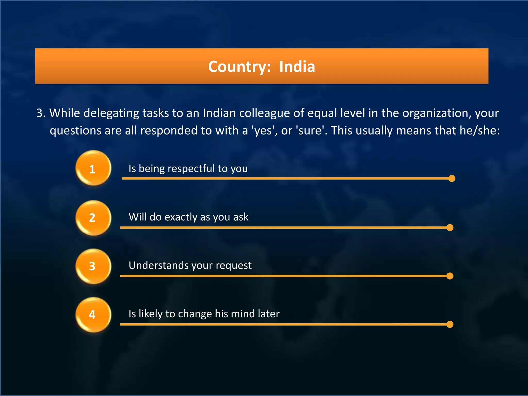 Country: India

3. While delegating tasks to an Indian colleague of equal level in the organization, your
   questions are all responded to with a 'yes', or 'sure'. This usually means that he/she:

          1      Is being respectful to you



          2      Will do exactly as you ask



          3      Understands your request



          4      Is likely to change his mind later
 
