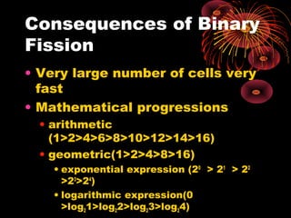 Consequences of Binary
Fission
• Very large number of cells very
fast
• Mathematical progressions
• arithmetic
(1>2>4>6>8>10>12>14>16)
• geometric(1>2>4>8>16)
• exponential expression (20 > 21 > 22
>23>24)
• logarithmic expression(0
>log21>log22>log23>log24)

 