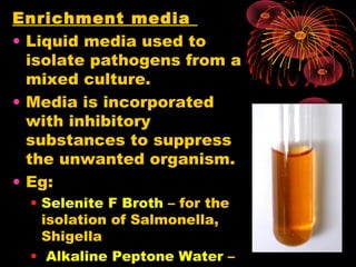 Enrichment media
• Liquid media used to
isolate pathogens from a
mixed culture.
• Media is incorporated
with inhibitory
substances to suppress
the unwanted organism.
• Eg:
• Selenite F Broth – for the
isolation of Salmonella,
Shigella
• Alkaline Peptone Water –

 