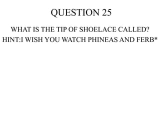 QUESTION 25
WHAT IS THE TIP OF SHOELACE CALLED?
HINT:I WISH YOU WATCH PHINEAS AND FERB*
 