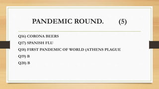 PANDEMIC ROUND. (5)
Q16) CORONA BEERS
Q17) SPANISH FLU
Q18) FIRST PANDEMIC OF WORLD (ATHENS PLAGUE
Q19) B
Q20) B
 