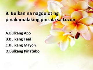 9. Bulkan na nagdulot ng
pinakamalaking pinsala sa Luzon
A.Bulkang Apo
B.Bulkang Taal
C.Bulkang Mayon
D.Bulkang Pinatubo
 