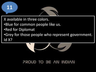 11
X available in three colors.
•Blue for common people like us.
•Red for Diplomat
•Grey for those people who represent government.
Id X?
 