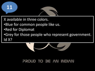 11
X available in three colors.
•Blue for common people like us.
•Red for Diplomat
•Grey for those people who represent government.
Id X?
 