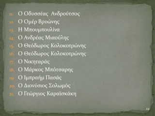 11. Ο Οδυσσέας Ανδρούτσος
12. Ο Ομέρ Βρυώνης
13. Η Μπουμπουλίνα
14. Ο Ανδρέας Μιαούλης
15. Ο Θεόδωρος Κολοκοτρώνης
16. Ο Θεόδωρος Κολοκοτρώνης
17. Ο Νικηταράς
18. Ο Μάρκος Μπότσαρης
19. Ο Ιμπραήμ Πασάς
20. Ο Διονύσιος Σολωμός
21. Ο Γεώργιος Καραϊσκάκη
24
 