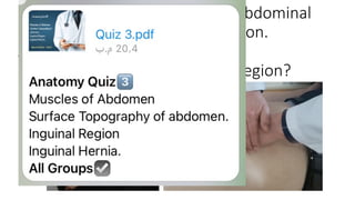 Q1 While the physician doing abdominal
examination he palpate this region.
A) Name this region.
B) Name organs located in this region?
 