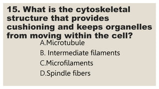 15. What is the cytoskeletal
structure that provides
cushioning and keeps organelles
from moving within the cell?
A.Microtubule
B. Intermediate filaments
C.Microfilaments
D.Spindle fibers
 