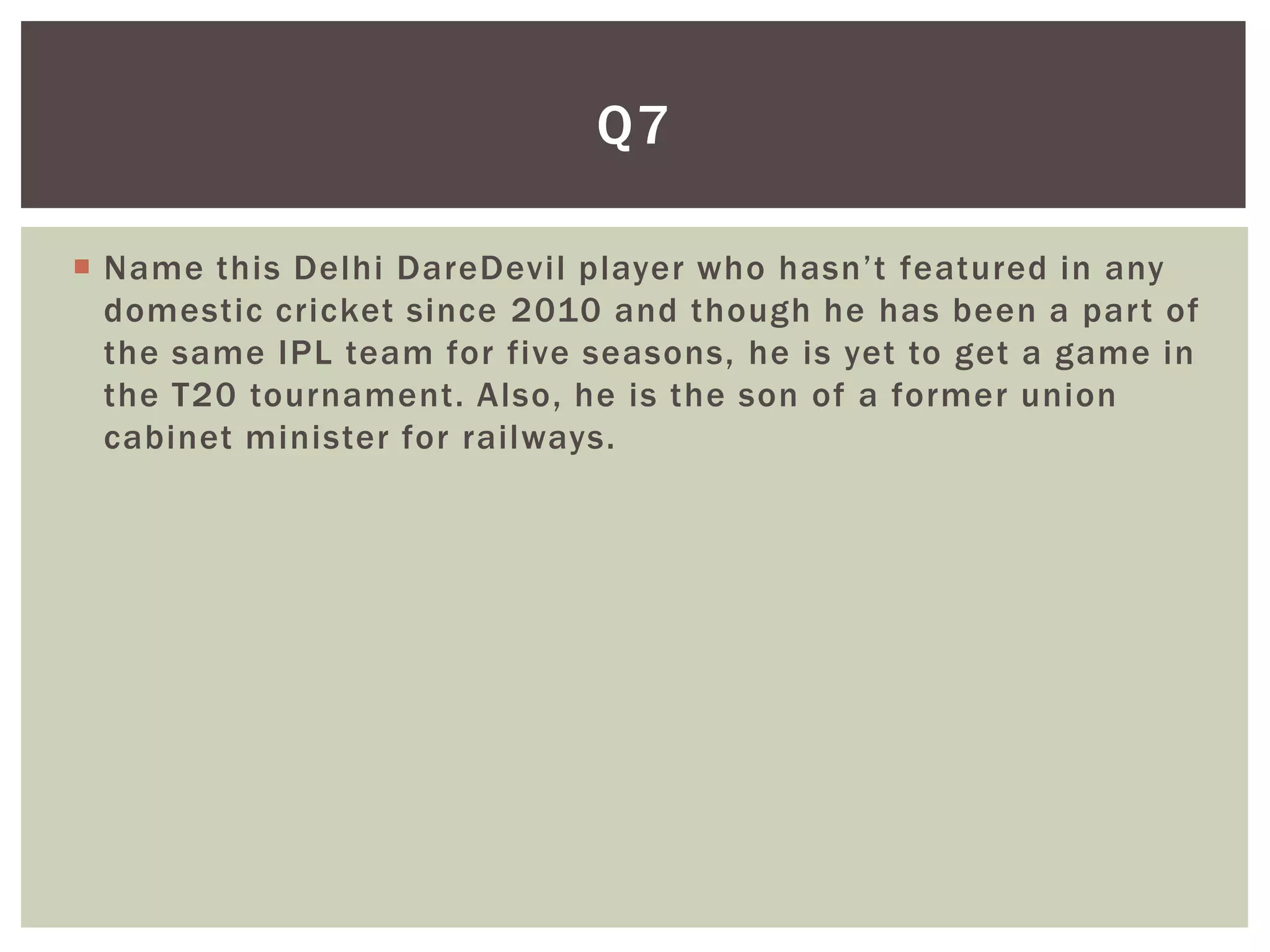 Q7

 Name this Delhi DareDevil player who hasn’t featured in any
  domestic cricket since 2010 and though he has been a part of
  the same IPL team for five seasons, he is yet to get a game in
  the T20 tournament. Also, he is the son of a former union
  cabinet minister for railways.
 