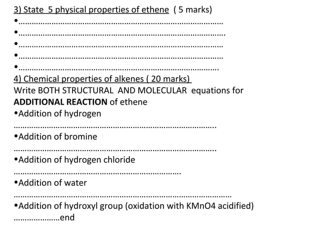 Quiz 2 alkane and alkene with answers | PPT | Chemistry | Science