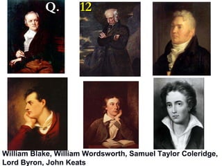 Q.

12

William Blake, William Wordsworth, Samuel Taylor Coleridge,
Lord Byron, John Keats

 