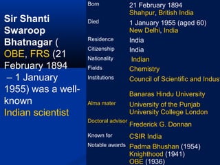 Born

Sir Shanti
Swaroop
Bhatnagar (
OBE, FRS (21
February 1894
– 1 January
1955) was a wellknown
Indian scientist

21 February 1894
Shahpur, British India

Died

Fields

1 January 1955 (aged 60)
New Delhi, India
India
India
Indian
Chemistry

Institutions

Council of Scientific and Indust

Residence
Citizenship
Nationality

Banaras Hindu University
Alma mater

University of the Punjab
University College London

Doctoral advisor

Frederick G. Donnan

Known for

CSIR India

Notable awards

Padma Bhushan (1954)
Knighthood (1941)
OBE (1936)

 