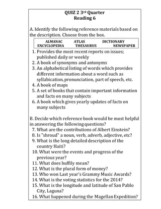 QUIZ 2 3rd Quarter
Reading 6
A. Identify the following reference materials based on
the description. Choose from the box.
1. Provides the most recent reports on issues;
published daily or weekly
2. A book of synonyms and antonyms
3. An alphabeticallisting of words which provides
different information about a word such as
syllabication,pronunciation, part of speech, etc.
4. A book of maps
5. A set of books that contain important information
and facts on many subjects
6. A book which gives yearly updates of facts on
many subjects
B. Decide which reference book would be most helpful
in answering the followingquestions?
7. What are the contributions of Albert Einstein?
8. Is "shroud" a noun, verb, adverb, adjective, etc?
9. What is the long detailed description of the
country Haiti?
10. What were the events and progress of the
previous year?
11. What does huffily mean?
12. What is the plural form of money?
13. Who won Last year's Grammy Music Awards?
14. What is the voting statistics for the 2014?
15. What is the longitude and latitude of San Pablo
City, Laguna?
16. What happened during the MagellanExpedition?
ALMANAC ATLAS DICTIONARY
ENCYCLOPEDIA THESAURUS NEWSPAPER
 