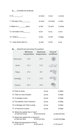 II. Complete the sentences
6. It’s __________! a) cloud b) sun c) sunny
7. I like play in the__________ a) snow b) snowy c) rainy
8. Maipú is a ________ place. a) hail b) wind c) windy
9. I can skate on the________ a) ice b) icy c) sun
10. Today is__________ a) fog b) rain c) foggy
11. I wear shorts when it’s a) cold b) hot c) icy
III. Read the text and answer the questions
12. Perth is cloudy. a) true b) false
13. Tokio is a very hot place. a) true b) false
14. In santiago is rainy. a) true b) false
15. The weather is hot in Havanna. a) true b) false
16. In Santiago and Tokio is windy. a) true b) false
17. In Vancouver is warm. a) true b) false
18. What’s the weather like in Tokio?
a) Cold and sunny b) hot and sunny c) cold and rainy
19. What’s the weather like In Havanna?
a) Cold and rainy b) hot and rainy c) cold and foggy
20. What’s the temperature in Perth?
a) 15º and 13º b) 20º and 31 c) 15º and 31º
 