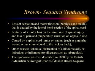 Brown- Sequard Syndrome<br />Loss of sensation and motor function (paralysis and ataxia) that is caused by the lateral hem...