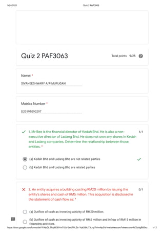 5/24/2021 Quiz 2 PAF3063
https://docs.google.com/forms/d/e/1FAIpQLSfop6E8IYm7XJV-3etUWLZe1Yq4264J73L-qt7hhmNp3rV-mw/viewscore?viewscore=AE0zAgB00ku… 1/12
SIVANEESHWARY A/P MURUGAN
D20191090297
1/1
(a) Kedah Bhd and Ladang Bhd are not related parties
(b) Kedah Bhd and Ladang Bhd are related parties
0/1
(a) Outflow of cash as investing activity of RM20 million.
(b) Outflow of cash as investing activity of RM5 million and inflow of RM15 million in
financing activities.
Quiz 2 PAF3063 Total points 9/25
Name: *
Matrics Number *
1. Mr Bee is the financial director of Kedah Bhd. He is also a non-
executive director of Ladang Bhd. He does not own any shares in Kedah
and Ladang companies. Determine the relationship between those
entities. *
2. An entity acquires a building costing RM20 million by issuing the
entity's shares and cash of RM5 million. This acquisition is disclosed in
the statement of cash flow as: *
 