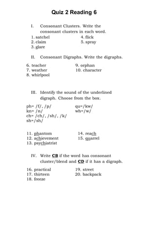 Quiz 2 Reading 6
I. Consonant Clusters. Write the
consonant clusters in each word.
1. satchel
2. claim
3. glare
4. flick
5. spray
II. Consonant Digraphs. Write the digraphs.
6. teacher
7. weather
8. whirlpool
9. orphan
10. character
III. Identify the sound of the underlined
digraph. Choose from the box.
ph= /f/, /p/
kn= /n/
ch= /ch/, /sh/, /k/
sh=/sh/
qu=/kw/
wh=/w/
11. phantom
12. achievement
13. psychiatrist
14. reach
15. quarrel
IV. Write CB if the word has consonant
cluster/blend and CD if it has a digraph.
16. practical
17. thirteen
18. freeze
19. street
20. backpack
 