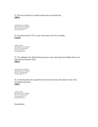 33. The rate of interest is usually expressed as an annual rate.
TRUE

AACSB: Reflective Thinking
AICPA BB: Critical Thinking
AICPA FN: Measurement
Learning Objective: 1

34. An interest rate of 12% a year is the same as 6% for 2 months.
FALSE

AACSB: Analytic
AICPA BB: Critical Thinking
AICPA FN: Measurement
Learning Objective: 1
Learning Objective: 2

35. The obligation for deferred income taxes is the only long-term liability that is not
reported at its present value.
TRUE

AACSB: Reflective Thinking
AICPA BB: Critical Thinking
AICPA FN: Measurement
Learning Objective: 6

36. As the discount rate required by an investor increases, the present value of an
investment decreases.
TRUE

AACSB: Analytic
AICPA BB: Critical Thinking
AICPA FN: Measurement
Learning Objective: 2
Learning Objective: 6

Essay Questions

 