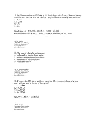19. Joe Notsosmart invested $10,000 at 8% simple interest for 5 years. How much more
would he have received if he had received compound interest annually at the same rate?
A. $4,000
B. $4,693
C. $693
D. $400
Simple interest = ($10,000 × .08 × 5) + $10,000 = $14,000
Compound interest = $10,000 × 1.46933 = $14,693(rounded) or $693 more.

AACSB: Analytic
AICPA BB: Critical Thinking
AICPA FN: Measurement
Learning Objective: 4
Learning Objective: 6

20. The present value of a cash amount:
A. Is always less than the future value.
B. Is always more than the future value.
C. Is the same as the future value.
D. None of the above.

AACSB: Reflective Thinking
AICPA BB: Critical Thinking
AICPA FN: Measurement
Learning Objective: 1
Learning Objective: 2

21. If you receive $20,000 as a gift and invest it at 12% compounded quarterly, how
much will you have at the end of three years?
A. $32,020.60
B. $28,515.20
C. $22,497.20
D. $14,027.60
$20,000 × 1.42576 = $28,515.20

AACSB: Analytic
AICPA BB: Critical Thinking
AICPA FN: Measurement
Learning Objective: 4

 
