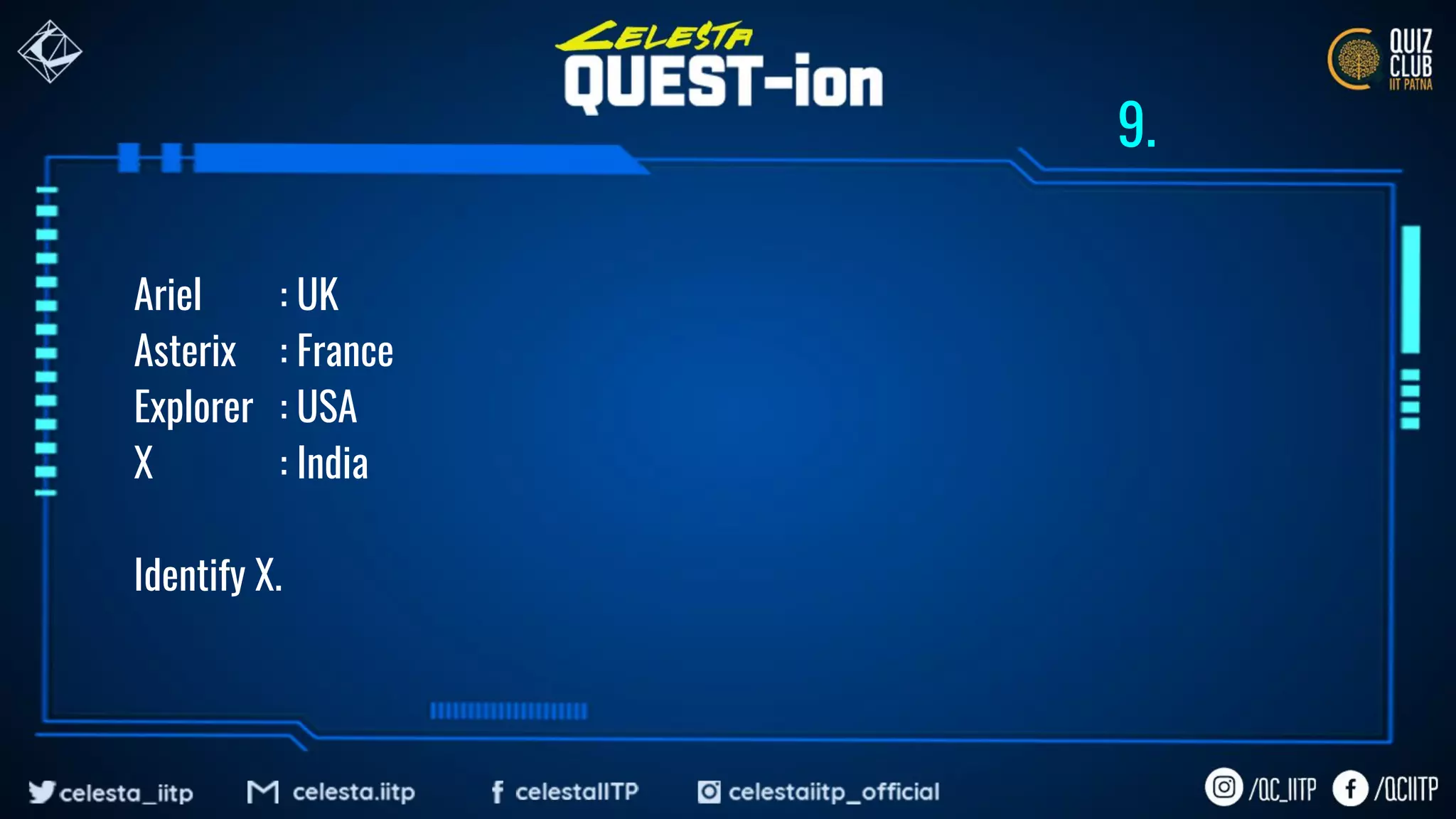 Ariel : UK
Asterix : France
Explorer : USA
X : India
Identify X.
9.
 