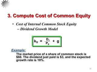 • Cost of Internal Common Stock Equity
– Dividend Growth Model
10
Example:
The market price of a share of common stock is
$60. The dividend just paid is $3, and the expected
growth rate is 10%.
3. Compute Cost of Common Equity
D1
P0
kS = + g
 