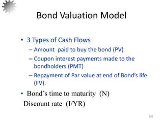 Bond Valuation Model
• 3 Types of Cash Flows
– Amount paid to buy the bond (PV)
– Coupon interest payments made to the
bondholders (PMT)
– Repayment of Par value at end of Bond’s life
(FV).
103
Discount rate (I/YR)
• Bond’s time to maturity (N)
 