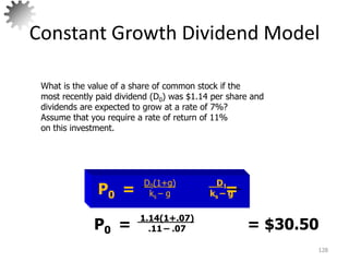 Constant Growth Dividend Model
128
P0 = = $30.50
1.14(1+.07)
.11 – .07
What is the value of a share of common stock if the
most recently paid dividend (D0) was $1.14 per share and
dividends are expected to grow at a rate of 7%?
Assume that you require a rate of return of 11%
on this investment.
P0 = =
D0(1+g)
ks – g
D1
ks – g
 