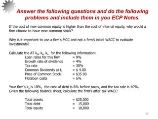 32
Answer the following questions and do the following
problems and include them in you ECP Notes.
If the cost of new common equity is higher than the cost of internal equity, why would a
firm choose to issue new common stock?
Why is it important to use a firm’s MCC and not a firm’s initial WACC to evaluate
investments?
Calculate the AT kd, ks, kn for the following information:
Loan rates for this firm = 9%
Growth rate of dividends = 4%
Tax rate = 30%
Common Dividends at t1 = $ 4.00
Price of Common Stock = $35.00
Flotation costs = 6%
Your firm’s ks is 10%, the cost of debt is 6% before taxes, and the tax rate is 40%.
Given the following balance sheet, calculate the firm’s after tax WACC:
Total assets = $25,000
Total debt = 15,000
Total equity = 10,000
 