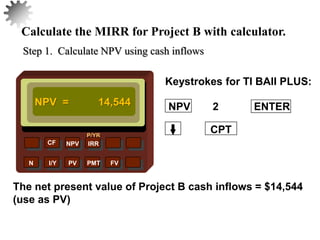 NPV IRR
P/YR
CF
N I/Y PV PMT FV
Calculate the MIRR for Project B with calculator.
NPV = 14,544
CPT
The net present value of Project B cash inflows = $14,544
(use as PV)
45
2 ENTER
NPV
Keystrokes for TI BAII PLUS:
Step 1. Calculate NPV using cash inflows
 