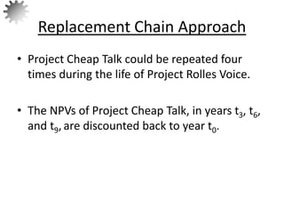 • Project Cheap Talk could be repeated four
times during the life of Project Rolles Voice.
• The NPVs of Project Cheap Talk, in years t3, t6,
and t9, are discounted back to year t0.
Replacement Chain Approach
70
 