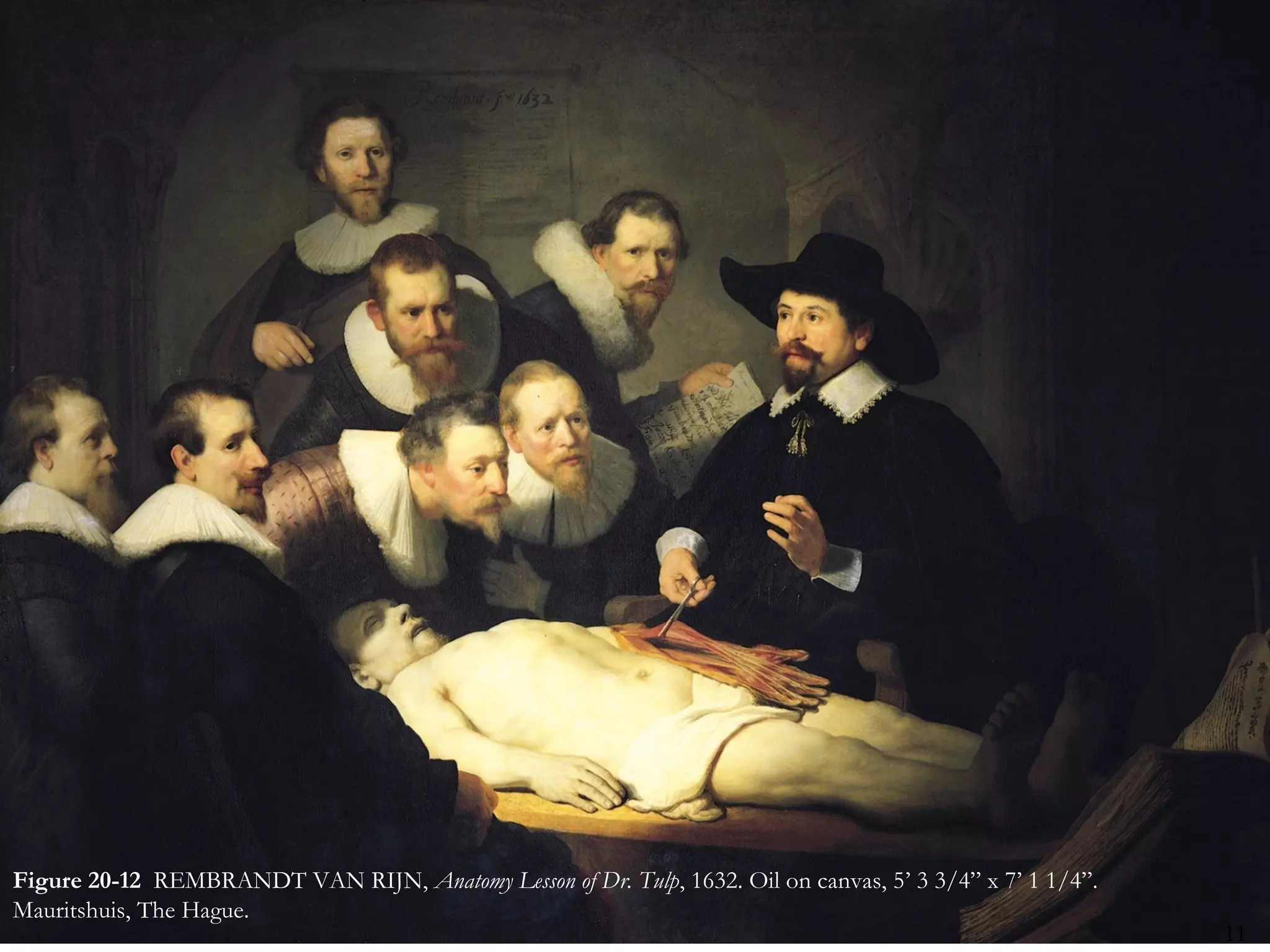 Figure 20-12 REMBRANDT VAN RIJN, Anatomy Lesson of Dr. Tulp, 1632. Oil on canvas, 5’ 3 3/4” x 7’ 1 1/4”.
Mauritshuis, The Hague.
                                                                                                           11
 