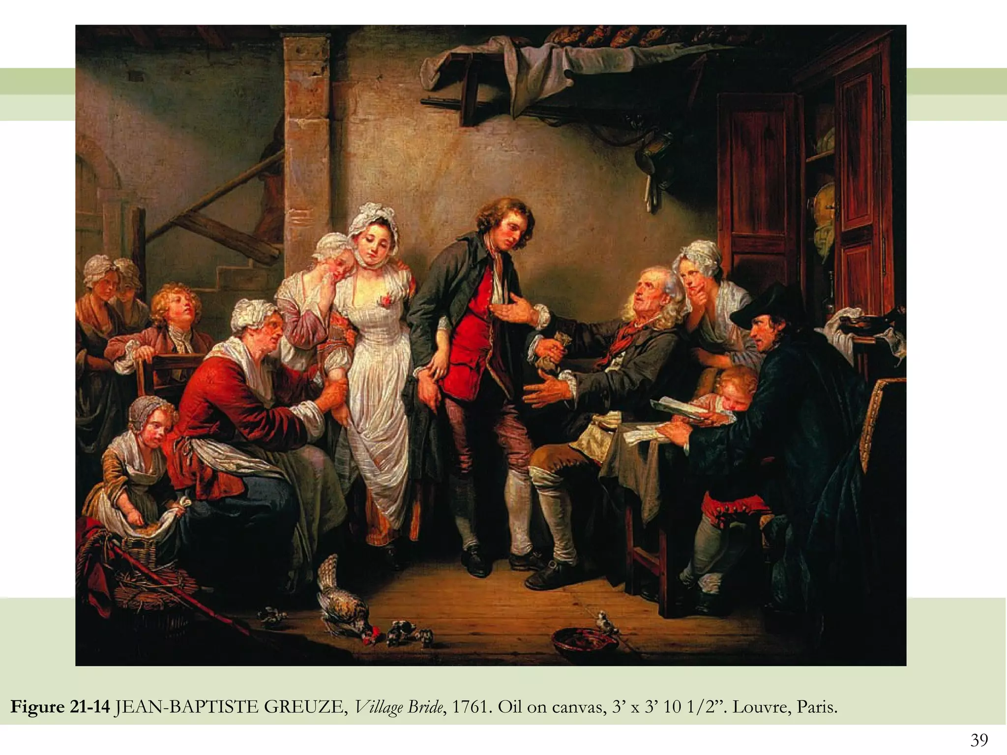 Figure 21-14 JEAN-BAPTISTE GREUZE, Village Bride, 1761. Oil on canvas, 3’ x 3’ 10 1/2”. Louvre, Paris.
                                                                                                         39
 