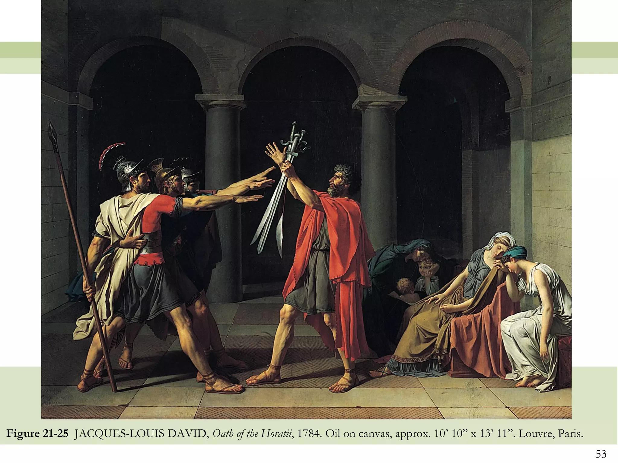 Figure 21-25 JACQUES-LOUIS DAVID, Oath of the Horatii, 1784. Oil on canvas, approx. 10’ 10” x 13’ 11”. Louvre, Paris.
                                                                                                                        53
 