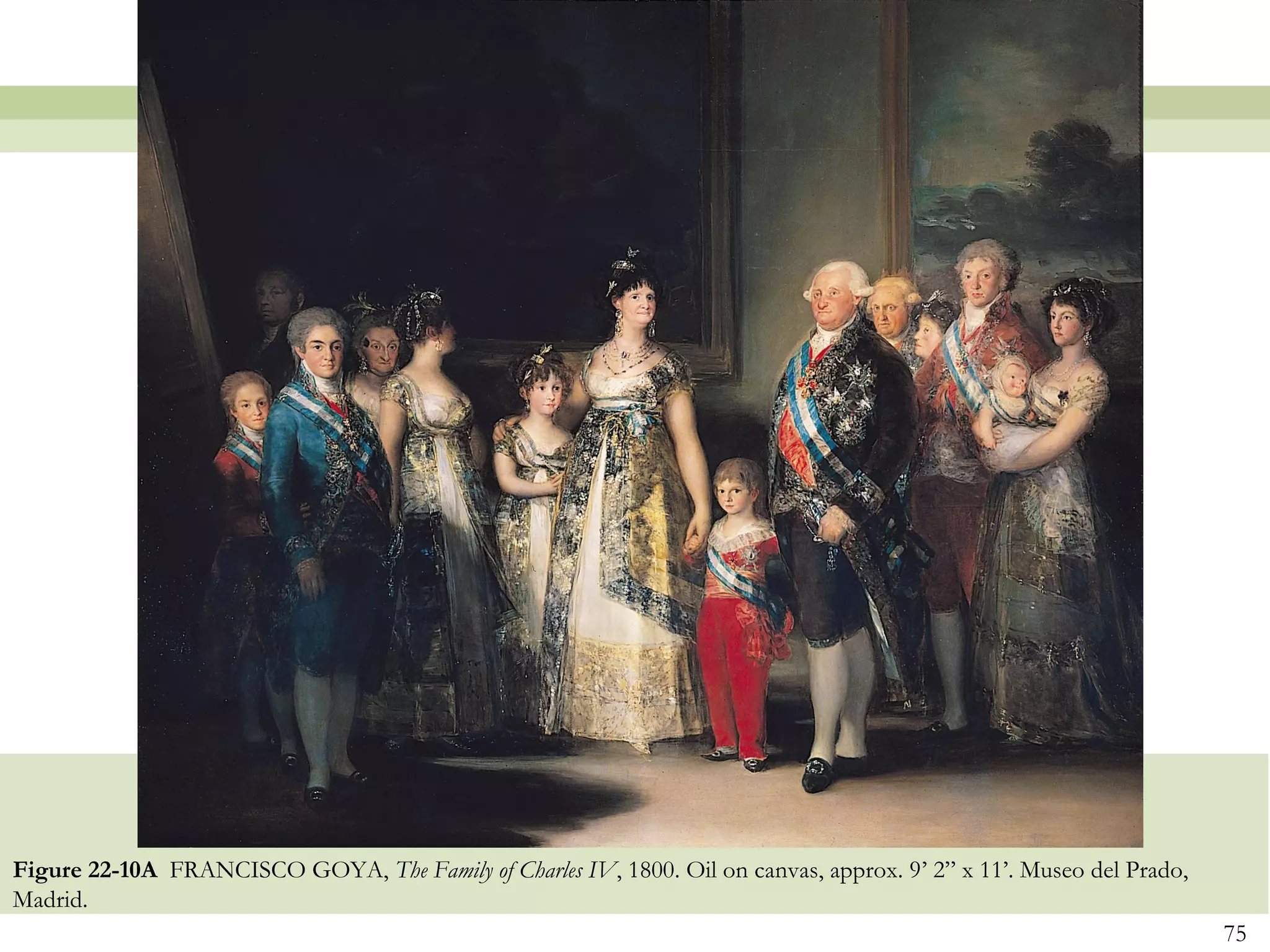 Figure 22-10A FRANCISCO GOYA, The Family of Charles IV, 1800. Oil on canvas, approx. 9’ 2” x 11’. Museo del Prado,
Madrid.
                                                                                                                     75
 